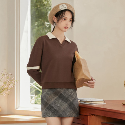 22 Autumn New Sweet Cute Casual Versatile Sweater Women Color Contrast Lapel Design Sleeve Color Con