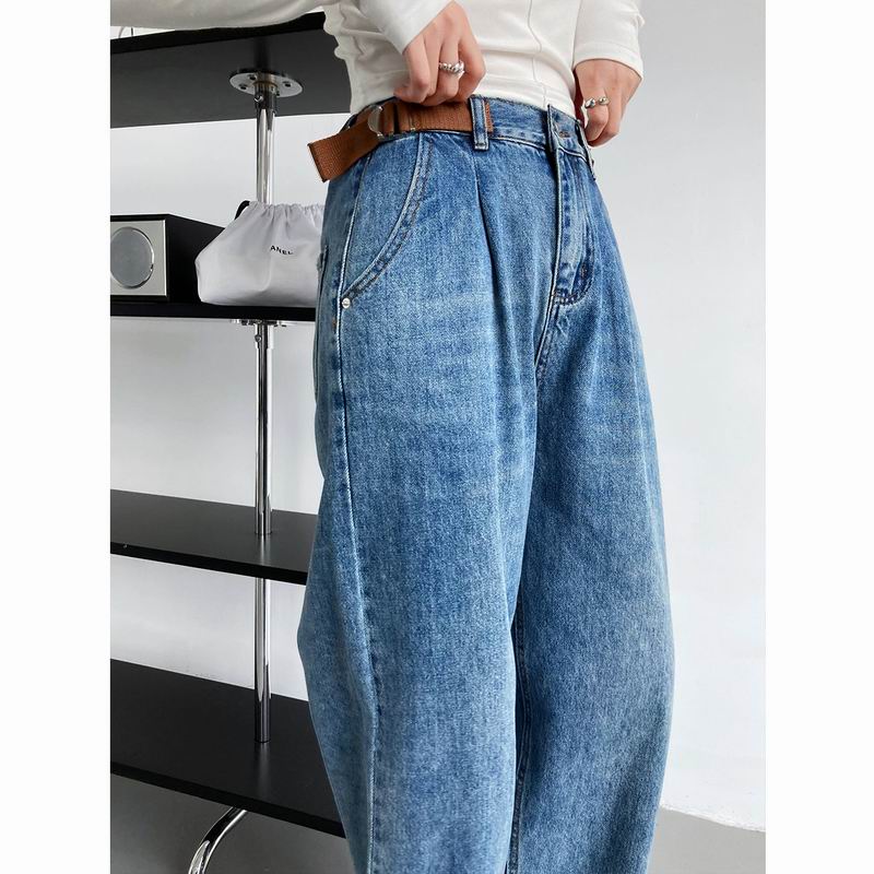 New washed and worn high waist straight jeans Women's adjustable elastic belt overalls