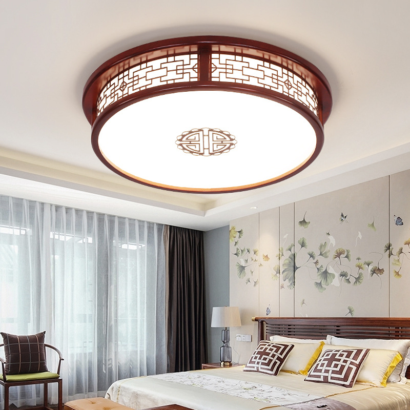 New modern Chinese led ceiling lamp round antique solid wood living room bedroom simple Chinese styl
